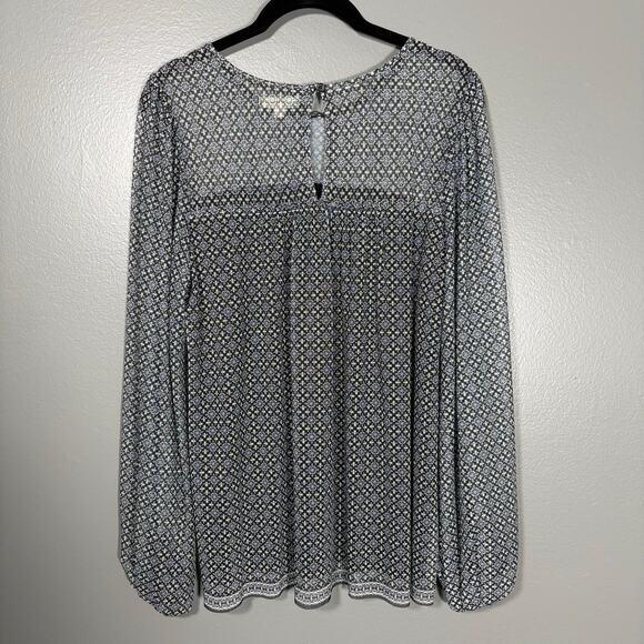 Max Studio Women's Boho Peasant Gray & Blue Printed Top - Size Medium - Sheer - Picture 6 of 6